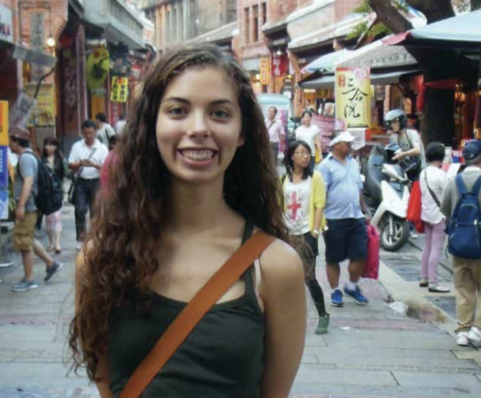 Cristabella Trimble-Quiz, a linguistics and Chinese senior, stops for a snapshot during her study abroad adventure in Taiwan.