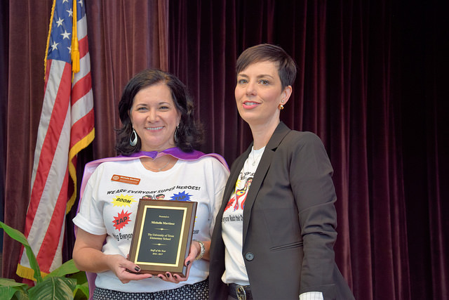 Michelle Martinez (left) with UTES Superintendent Dr. Melissa Chavez at the summer convocation ceremony, where she received the Staff of the Year Award