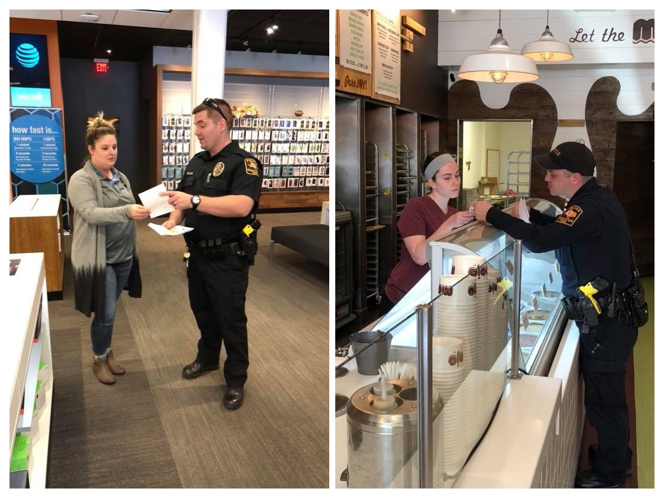 Officers handing out flyers to West Campus business owners 