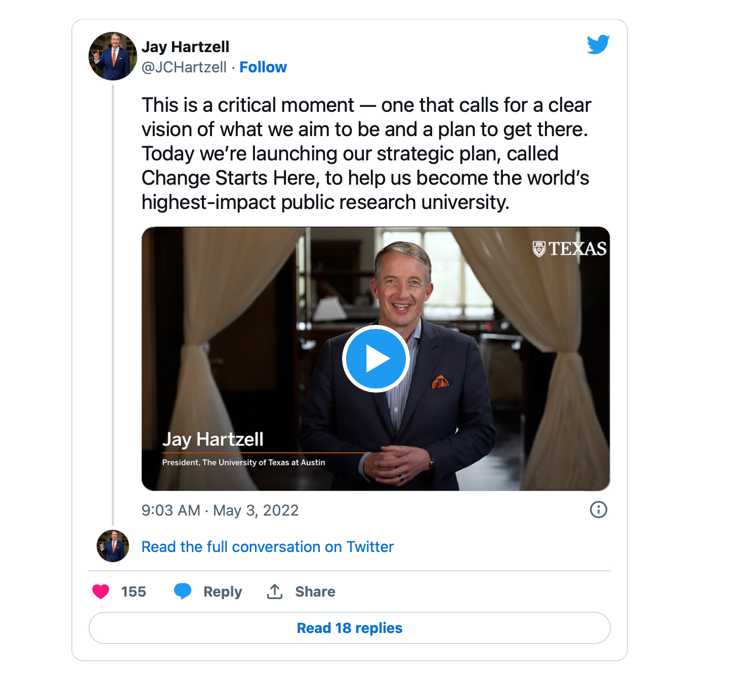 President Hartzell tweet about You Belong Here direction