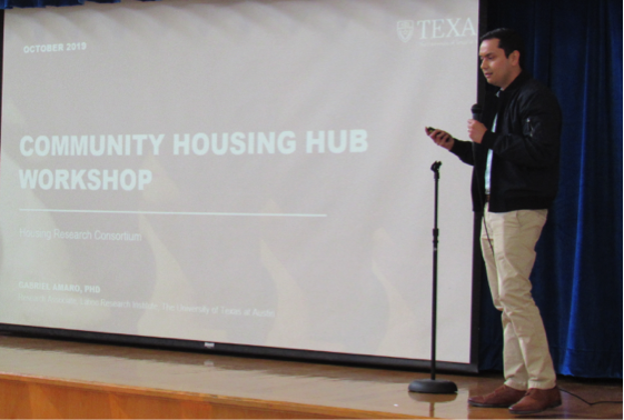 Dr. Gabriel Amaro at the Community Housing Hub Workshop at Blackshear Elementary School