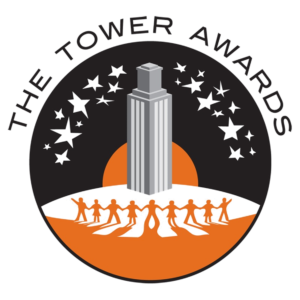 Tower Awards logo - UT Tower with people gathered as a community in front