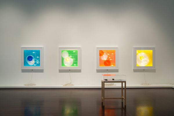 Blanton Museum of Art gallery of four pieces (blue, green, orange, yellow)