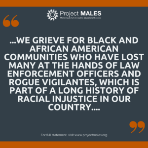 Quote card reading: We grieve for Black and African American communities who have lost many at the hands of law enforcement officers and rogue vigilantes, which is part of a long history of racial injustice in our country