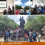 images of students in front of MLK statue, image of students engaging in a presentation