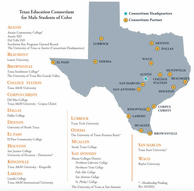 state map of Texas highlighting cities with a member institution