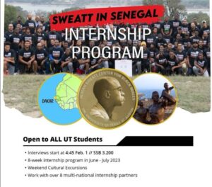 Poster reading Sweatt in Senegal Internship Program - Open to all UT Students 
