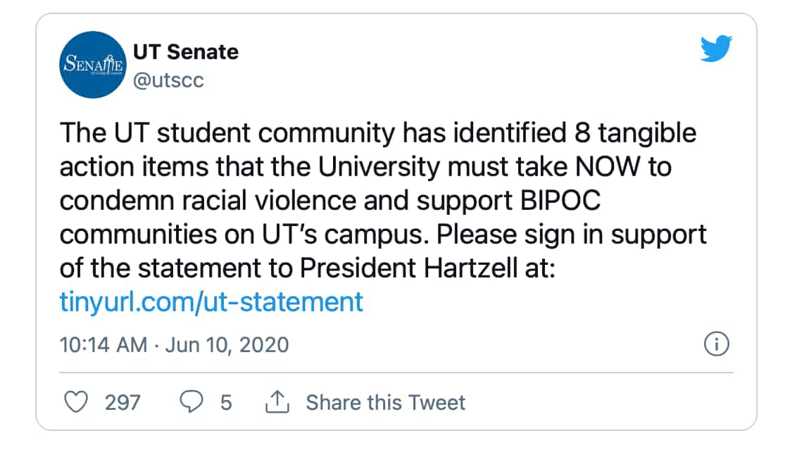 8 demands tweet from UT students