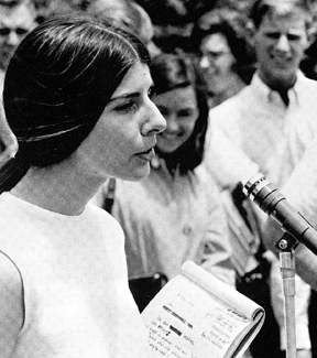 Candidate for Vice President of the Student Assembly Alice Embree, supporting the SDS stand, addressed the Texas Veteran’s rally during the campaign, 1967. Photo by The Cactus, 1967, Vol. 74, Texas Student Publications, Inc.
