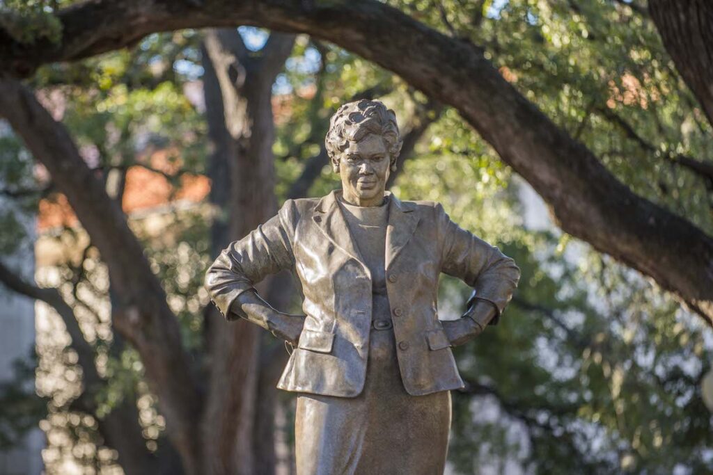 Image of the Barbara Jordan statue located on Battle Oaks by the Main Building 